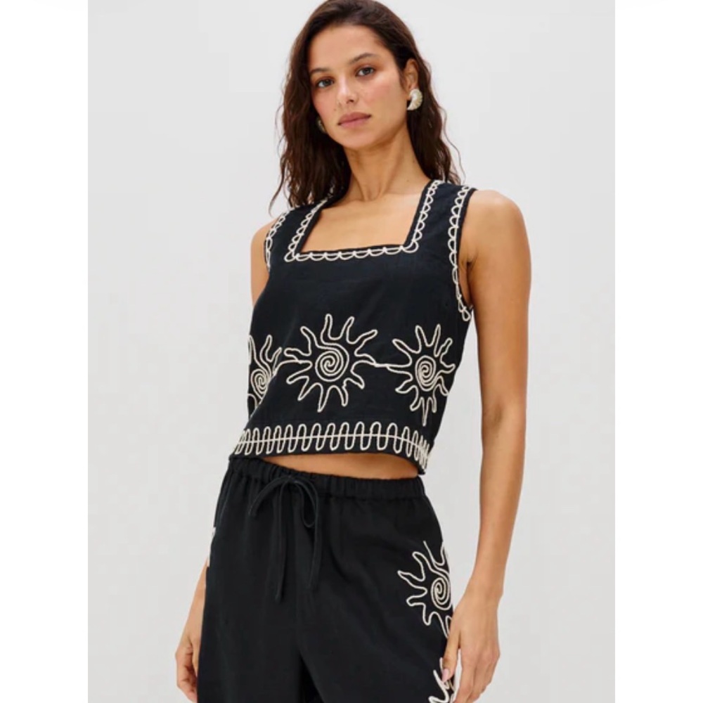 Rails Black Tank Top with White Embroidered Sun Motif